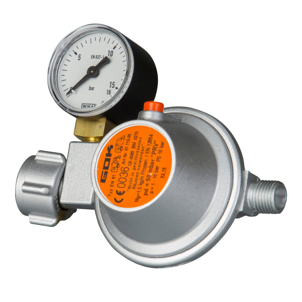 GOK Gasdrukregelaar 50 mbar manometer 1/4 linkse aansluiting