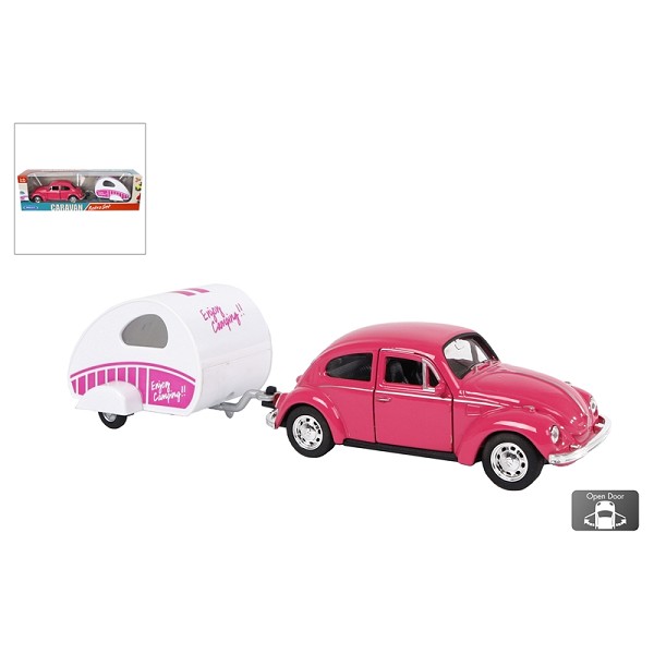 Welly VW beetle kever met caravan free wheel 21cm roze